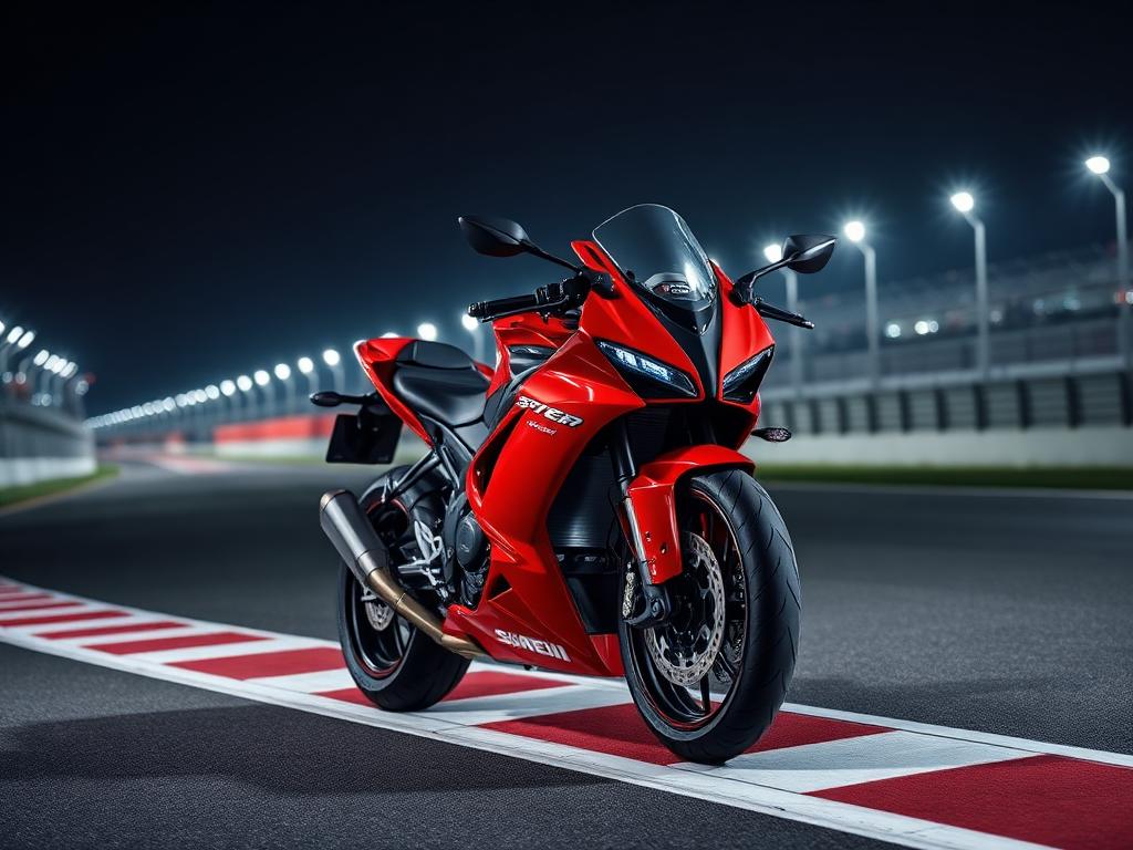 Moto esportiva vermelha em pista de corrida