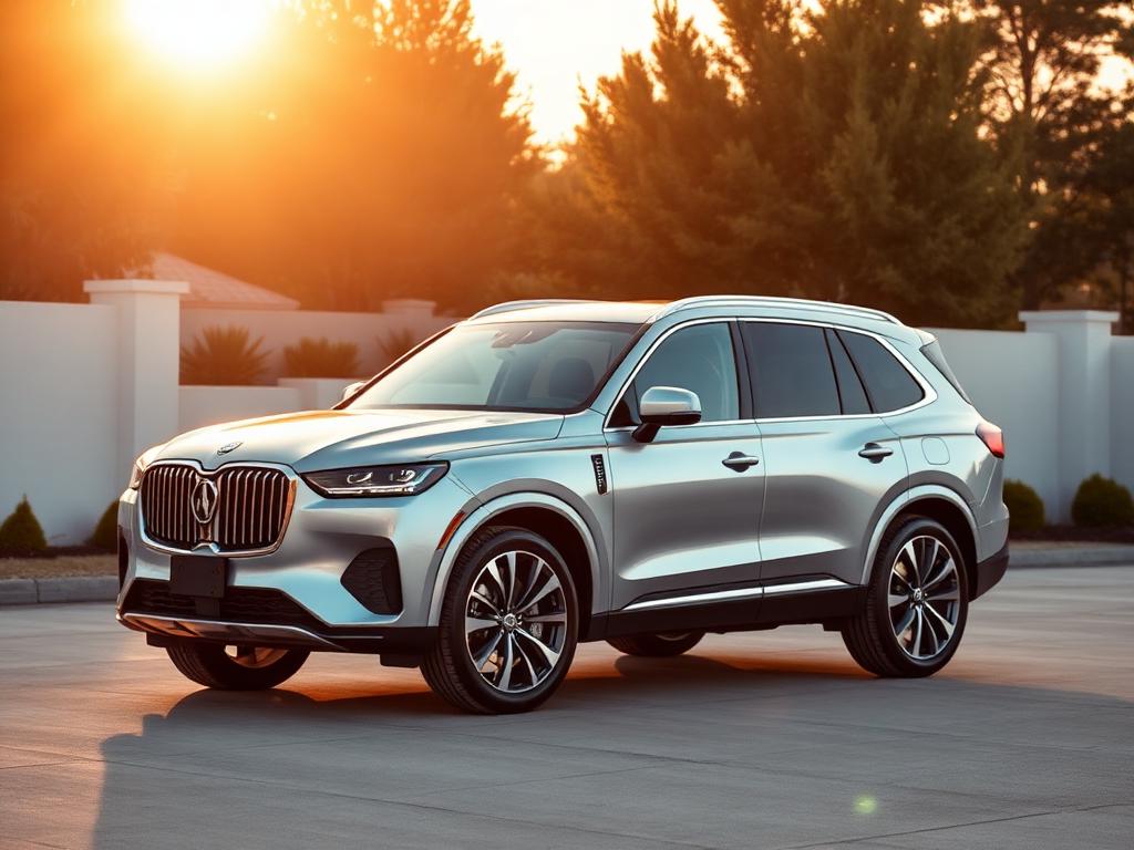 SUV prateado de luxo em iluminação dourada do pôr do sol